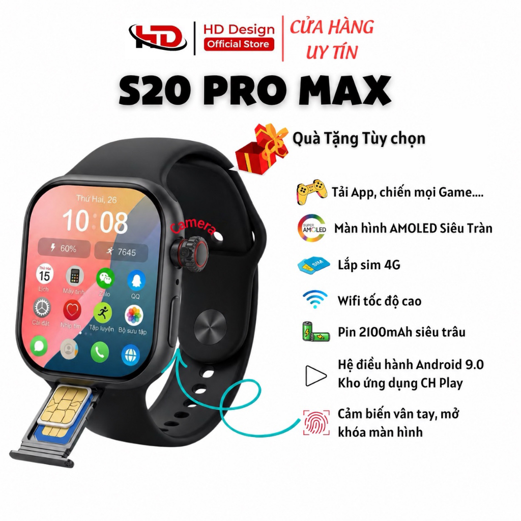 Đồng Hồ Thông Minh Lắp Sim Nghe Gọi S20 Pro Max, Lướt Web, FB ZL TT, YT, Google map,Tải Game, Xem Ph