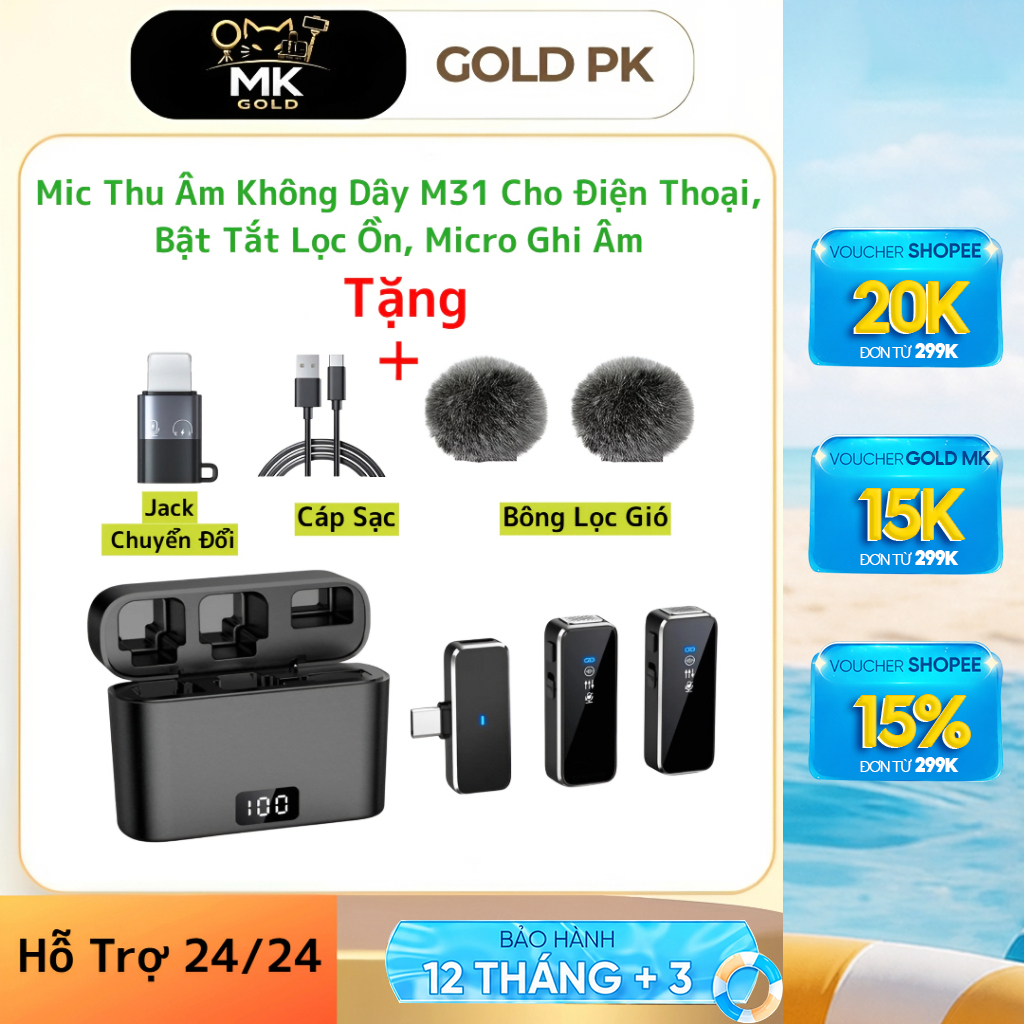 Mic Thu Âm M31 Không Dây loại 1 Mic, 2 Mic- Bật Tắt Lọc Ồn - Micro Ghi Âm - Tặng Bông Lọc Và Jack Ch