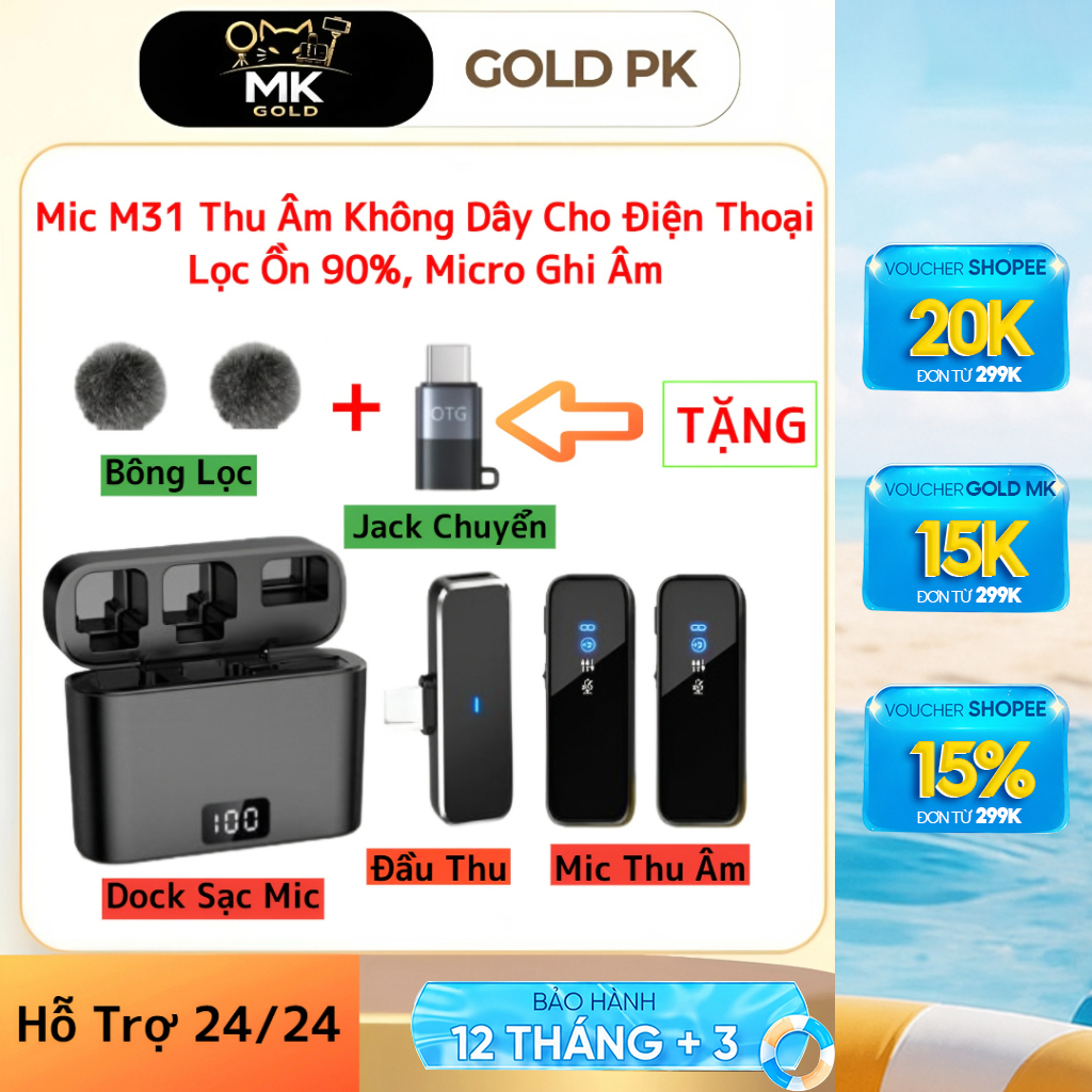 Mic Thu Âm Không Dây Cho Điện Thoại M31 - Bật Tắt Lọc Ồn - Micro Ghi Âm