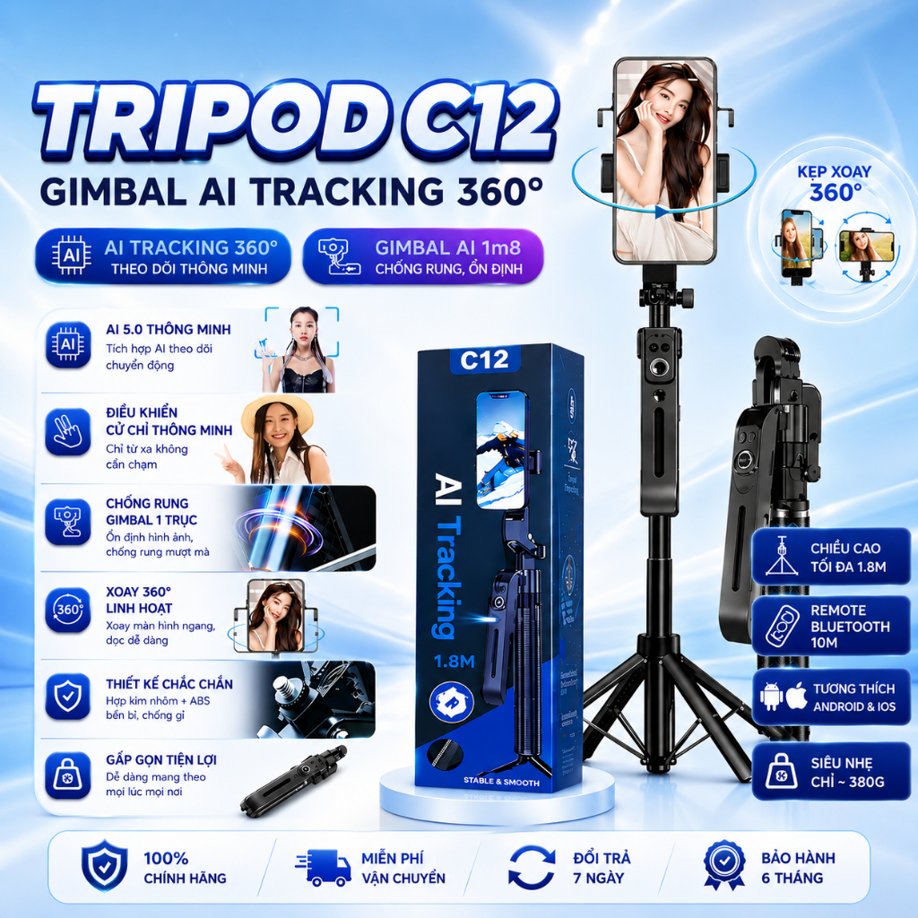 Gậy Selfie Tripod C12 1.8m Xoay 360° AI Tracking – Remote Bluetooth, Giá Đỡ Điện Thoại Quay Video