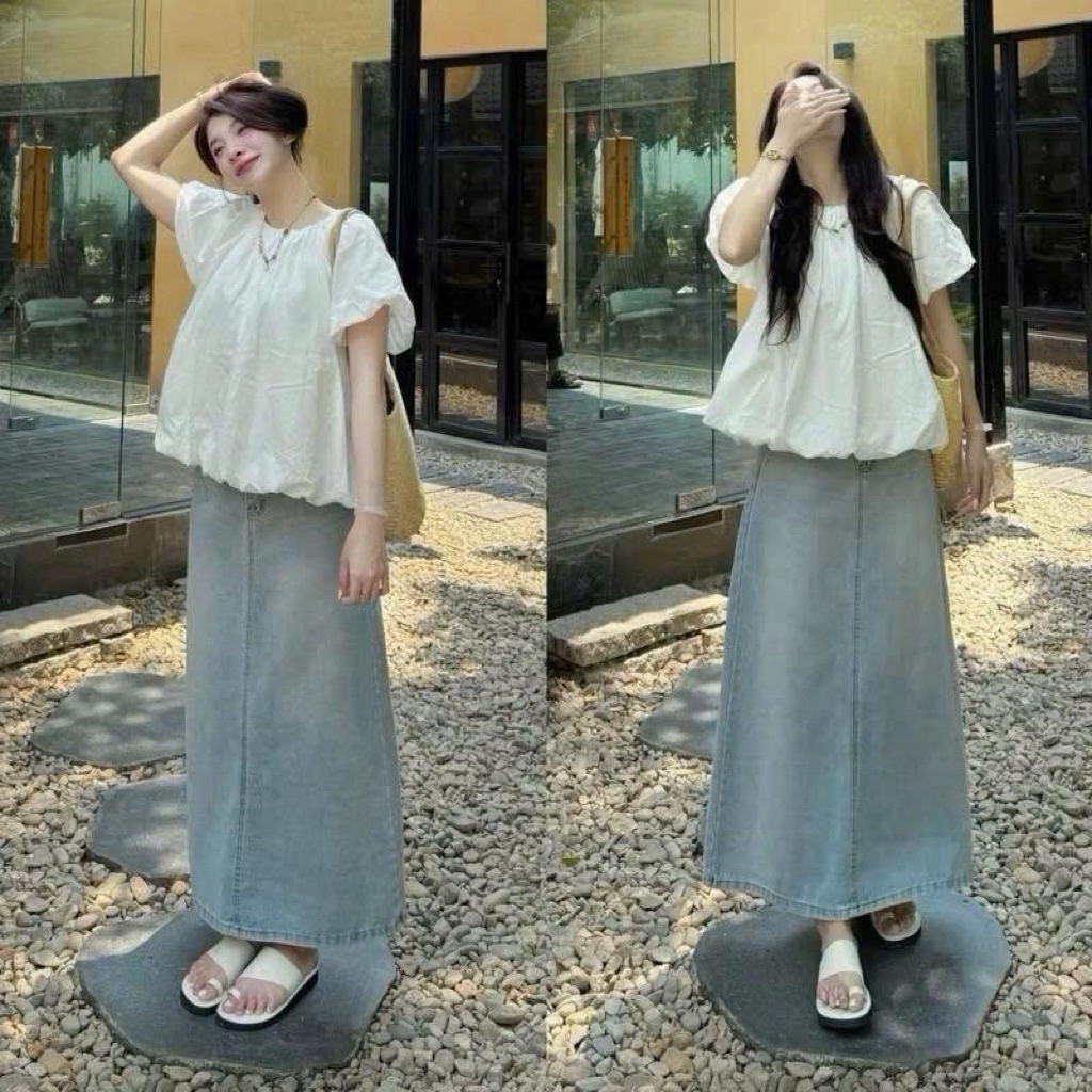 Chân váy jean nữ dáng dài 92cm form A xanh nhạt xanh than tôn dáng denim đẹp dễ phối đồ #7926 7934
