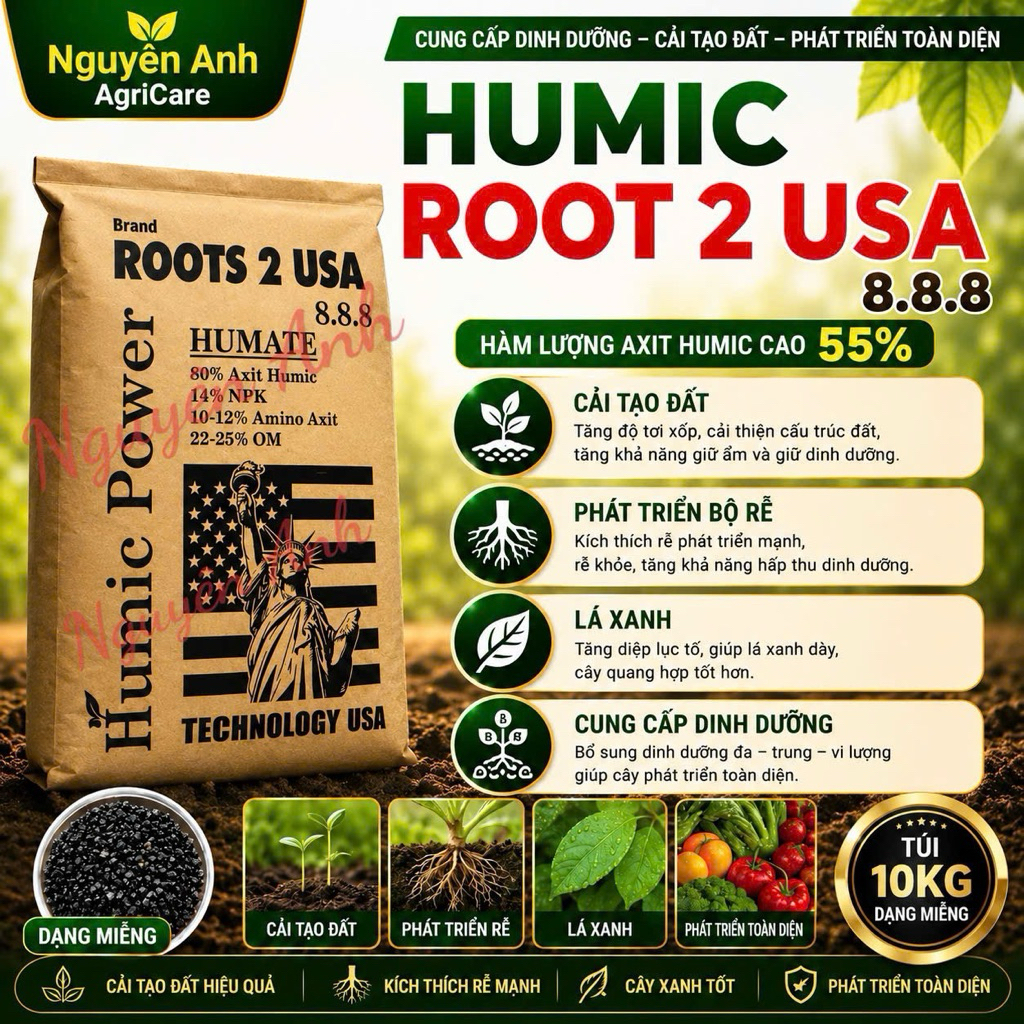 Bao 10Kg Humic Root 2 USA 8-8-8 – Humic Cải Tạo Đất, Kích Rễ Mạnh, Lá Xanh Dày, Phục Hồi Cây Phát Tr