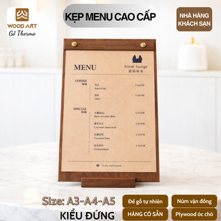 Menu Stand Lưng Gỗ Núm Vặn Đồng A3 A4 A5 Để Bàn Quán Cafe Nhà Hàng Cao Cấp