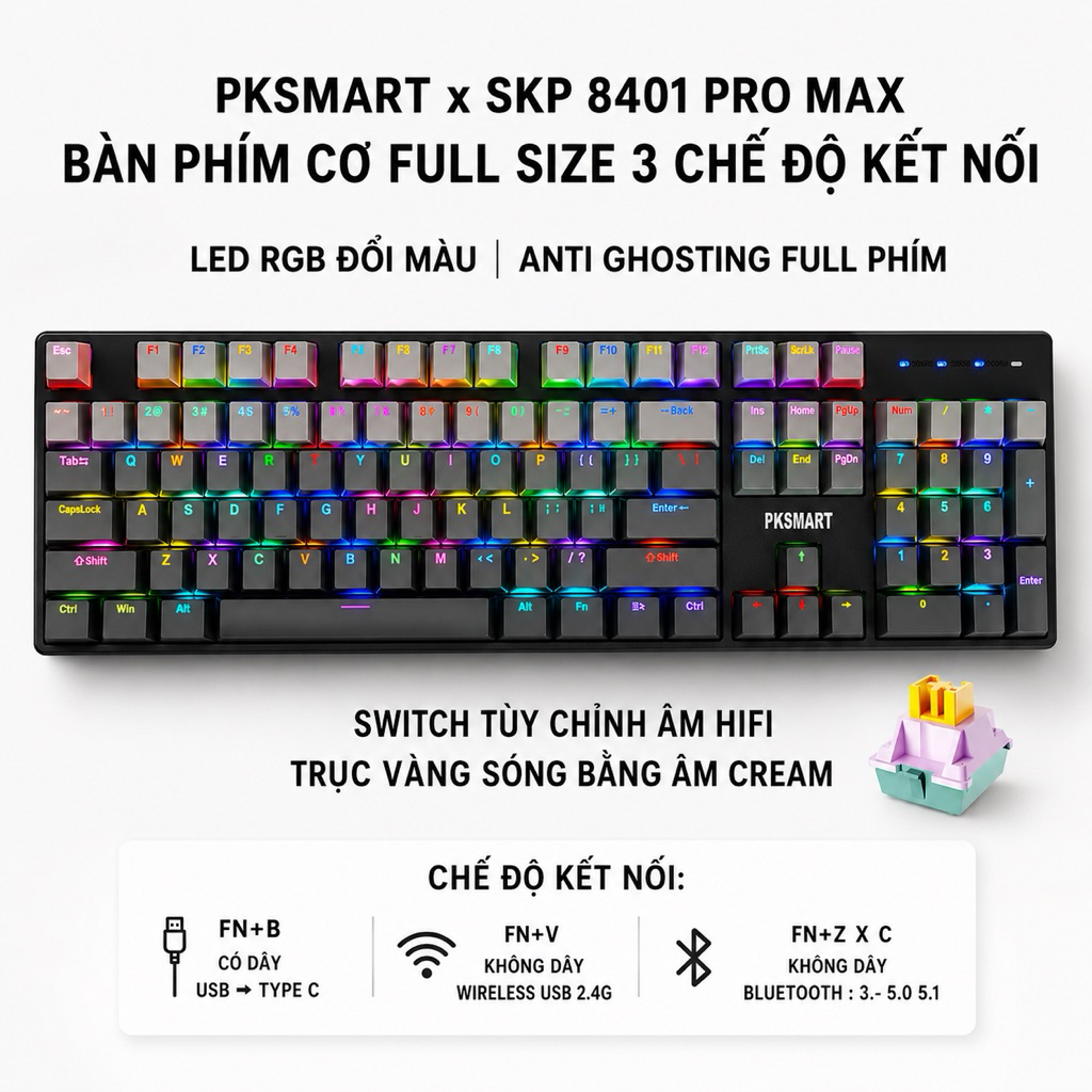 PKSMART x SKP 8401 PRO MAX | Bàn Phím Cơ Không Dây Có Dây 3 Mod | LED RGB Đổi Màu | Anti Ghosting | 
