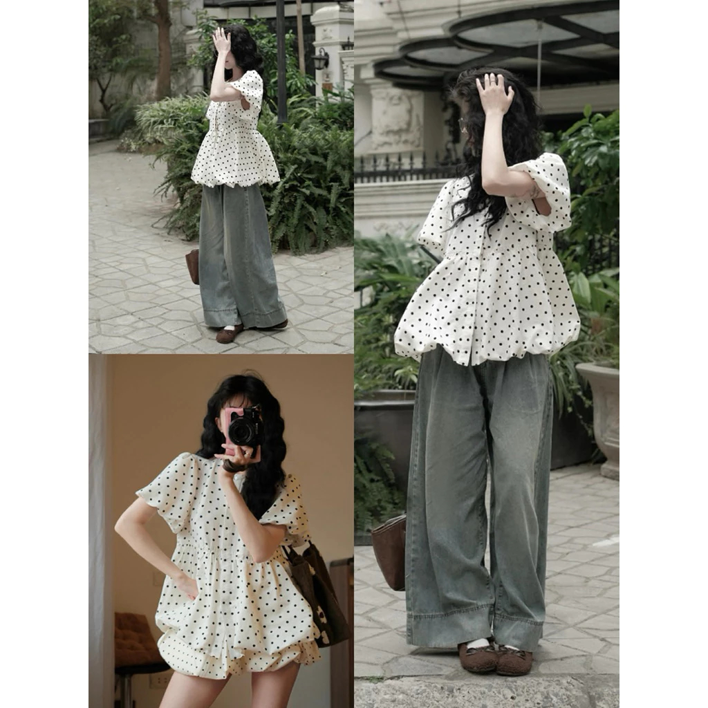 Set Áo Sơmi Chấm Bi Tay Bồng Form Bí Phồng”SUNNY TOP”tiểu thư siêu xinh-Dành Cho Nữ | BigBuy360 - bigbuy360.vn