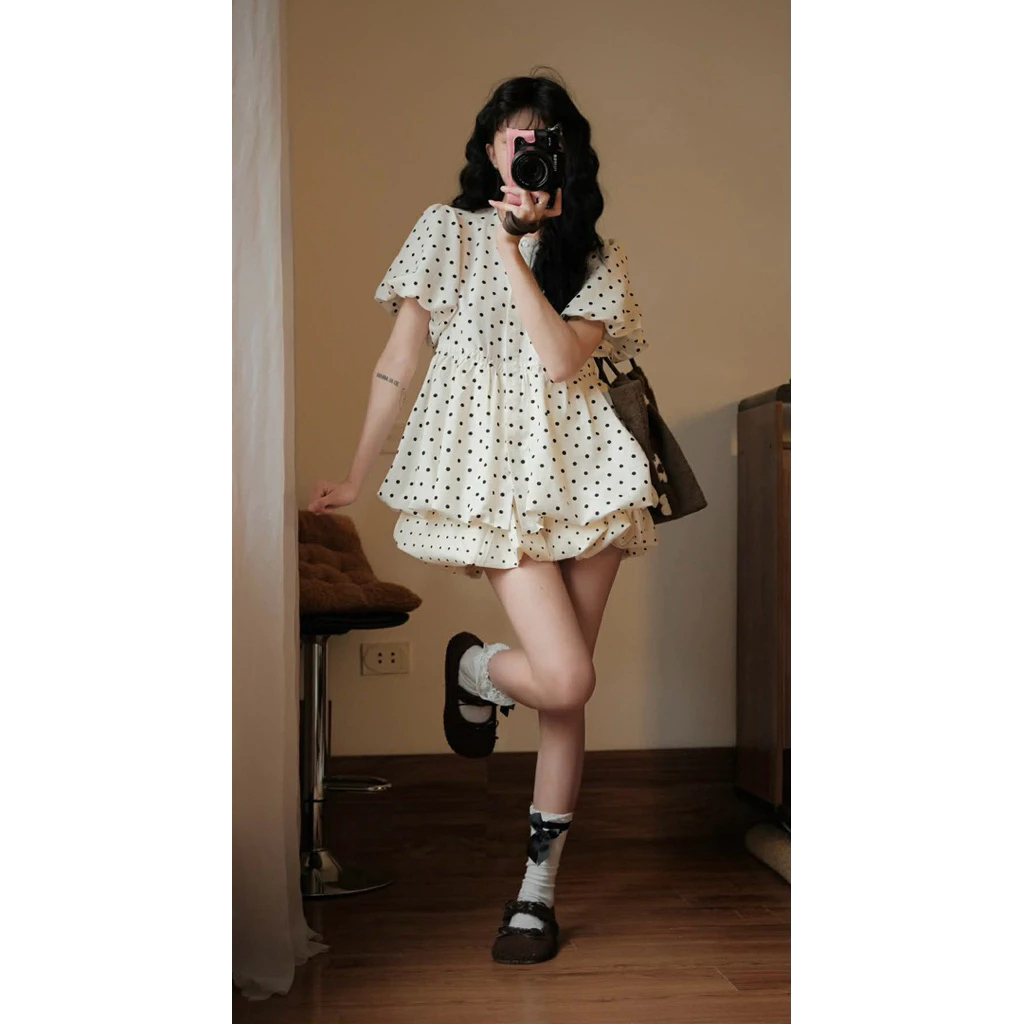 Set Áo Sơmi Chấm Bi Tay Bồng Form Bí Phồng”SUNNY TOP”tiểu thư siêu xinh-Dành Cho Nữ | BigBuy360 - bigbuy360.vn