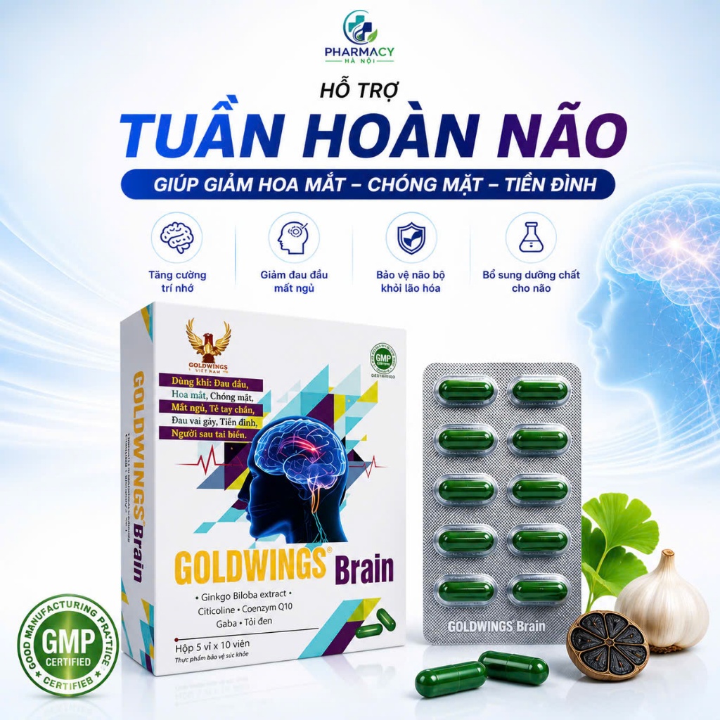 Viên Uống Bổ Não Goldwings Brain Ginkgo Biloba GABA Giúp Tăng Lưu Thông Máu Não, Cải Thiện Trí Nhớ (