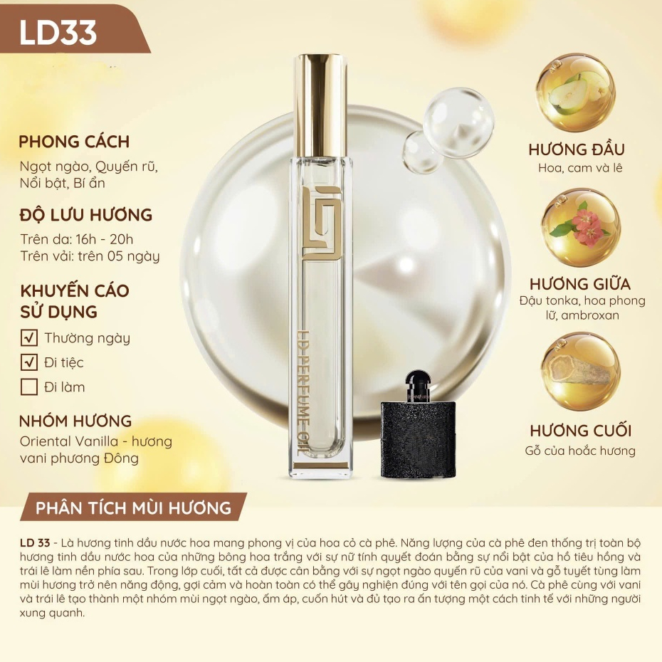 Tinh Dầu Nước Hoa , LD Perfume Oli 12ml , LD33 , Ngọt Ngào Quyến Rũ Bí Ẩn , Lưu Hương Lâu 12h , LD P