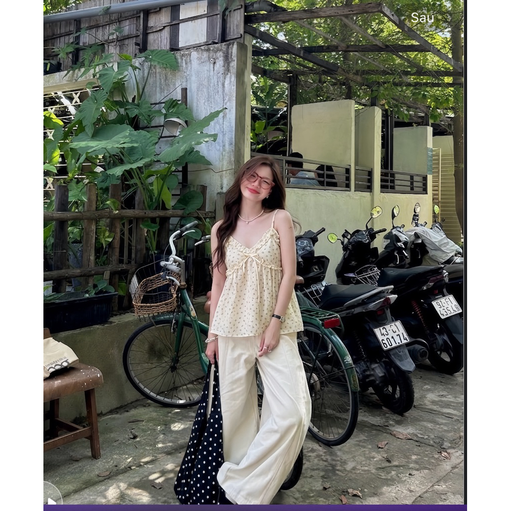 [HÀNG SẴN] Áo hai dây nâu phối bèo đang babydoll style đáng yêu mùa hè  “FOMI TOP” | BigBuy360 - bigbuy360.vn