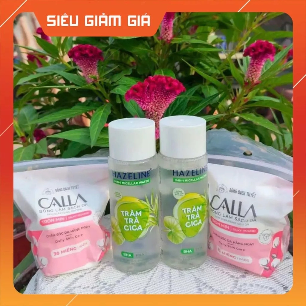 Combo 4 món: 2 Chai nước tẩy trang Hazeline 100ml + 2 Bông tẩy trang Calla 30 miếng