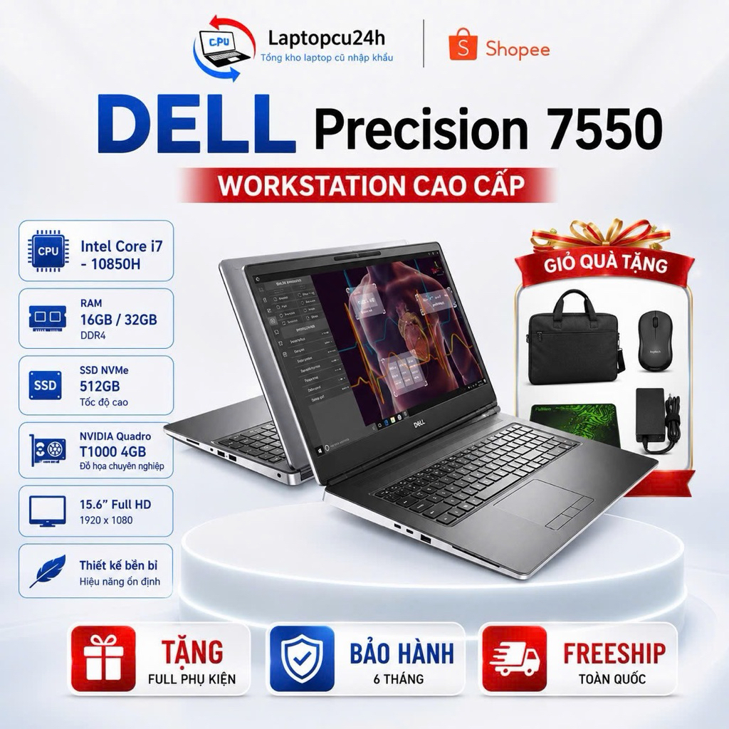 Dell Precision 7550 Core i7-10850H Ram 32GB  SSD 512 VGA T1000  15.6inch Chuyên Đồ Hoạ Zin Mỹ