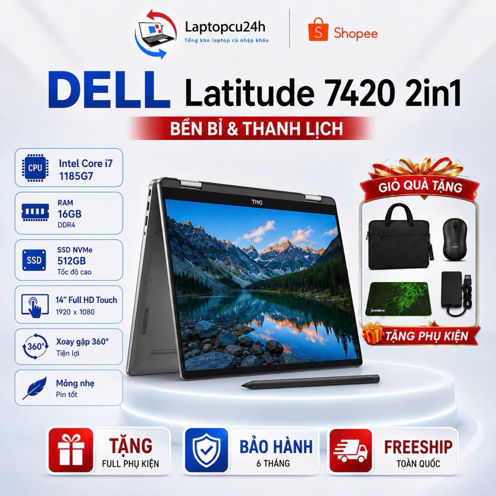 Laptop Cảm ứng  Vỏ Nhôm Dell Latitude 7420 2in1 Core i7 gen 11-Ram 16Gb-SSD 512G Máy Zin Mỹ Đẹp
