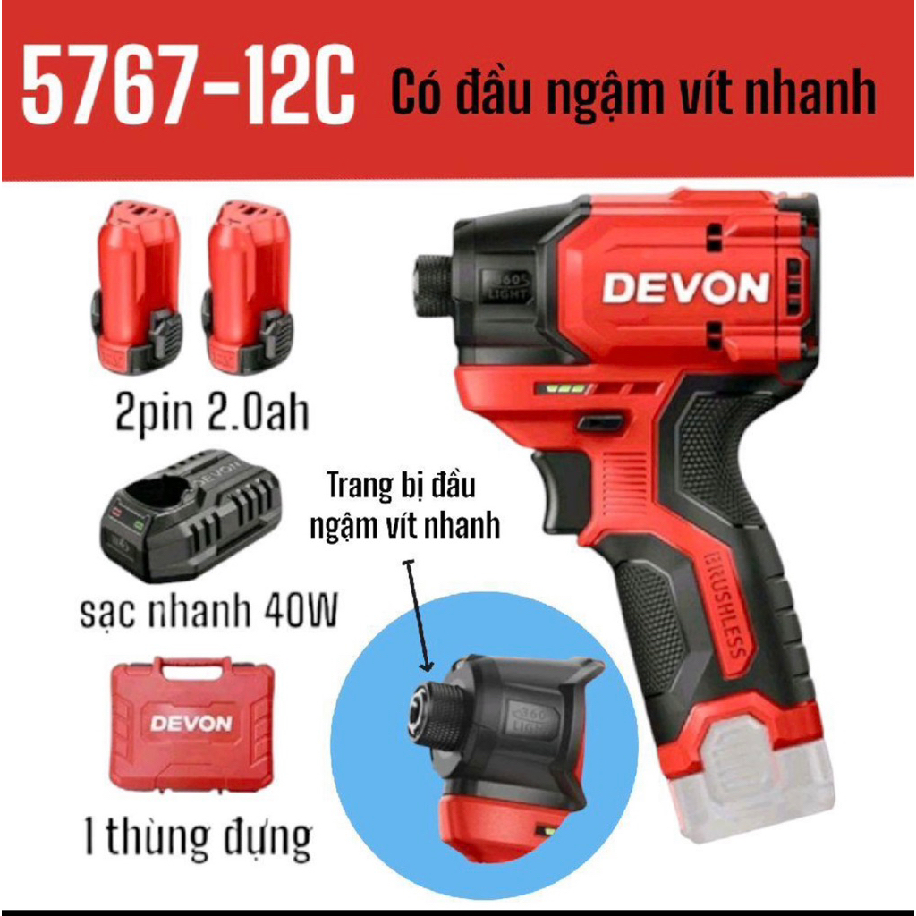 Máy khoan pin Devon mã 5767 và 5767-Li-12C lực xiết tối đa 140N.M  máykhoan điện