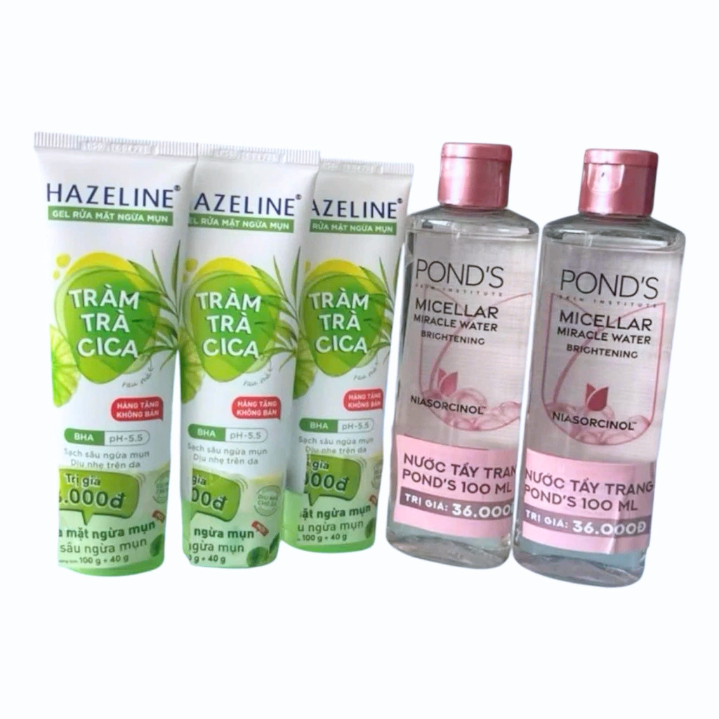 Combo 5 món tiện lợi gồm : 2 Chai tẩy trang Pond's 100ml + 3 Tuýp sữa rửa mặt Hazeline 40g