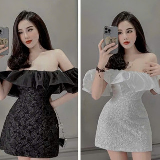Đầm trễ vai tiểu thư thời trang nữ sang chảnh đi chơi chất gấm trễ vai phối bèo nhún dáng chữ A mini