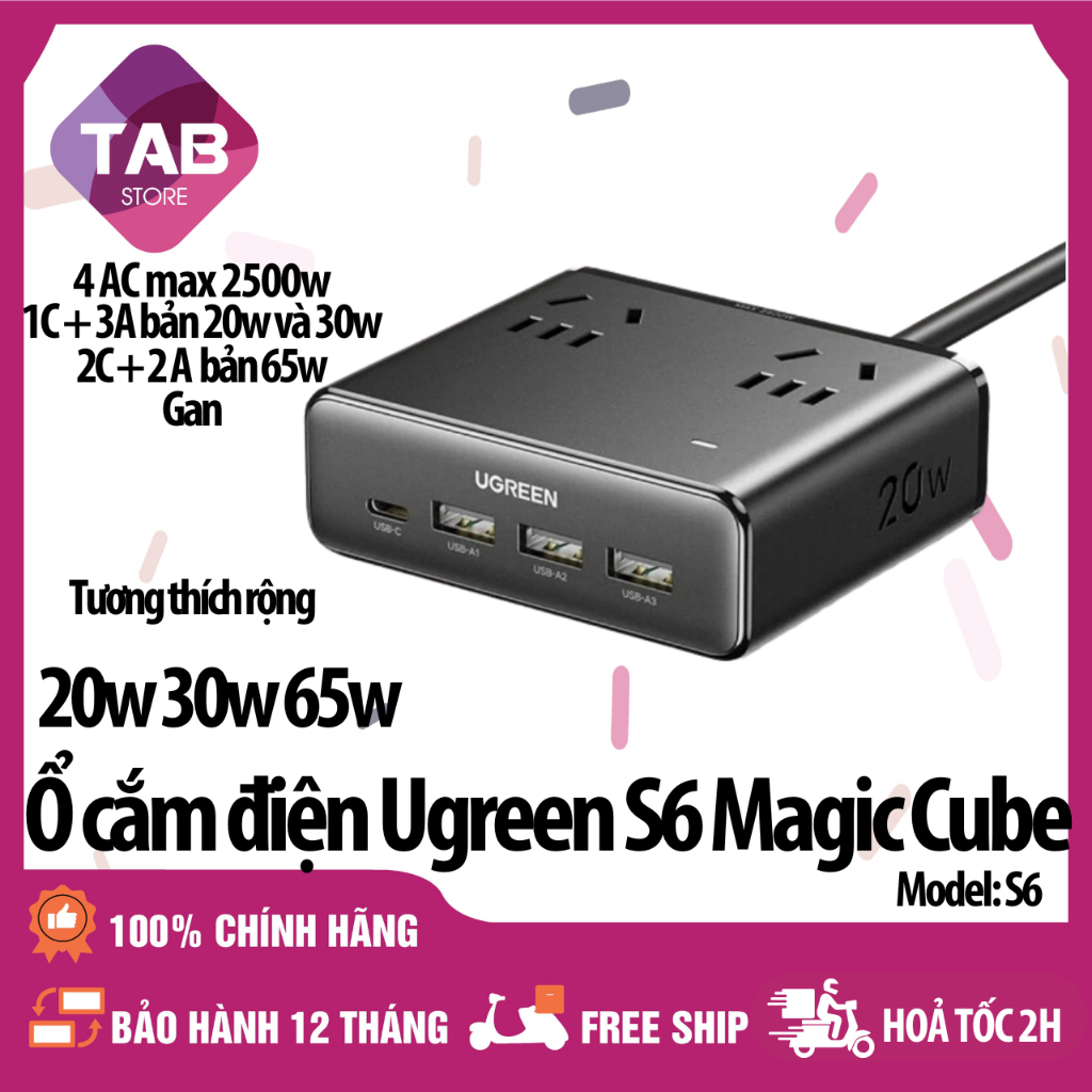 Trạm Sạc Ugreen S6 Magic Cube 20w 65w 2500w 8 in 1 (1C+3A+4AC / 2C+2A+4AC) - Bảo Hành 12 T