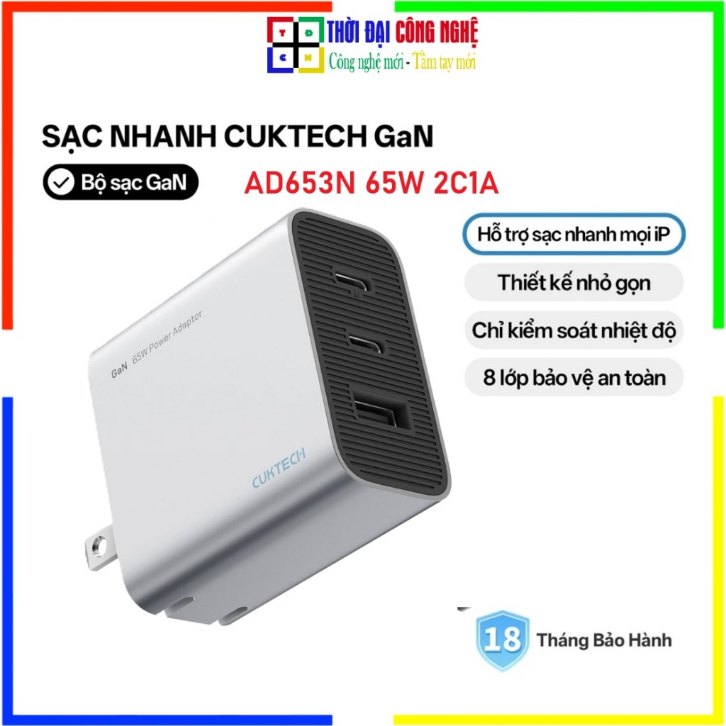 Củ Sạc Cuktech 65W AD653N GaN 3 Cổng 2C1A - Bộ Sạc Nhanh Chân Dẹt Cho Điện Thoại Laptop Tablet - Bảo