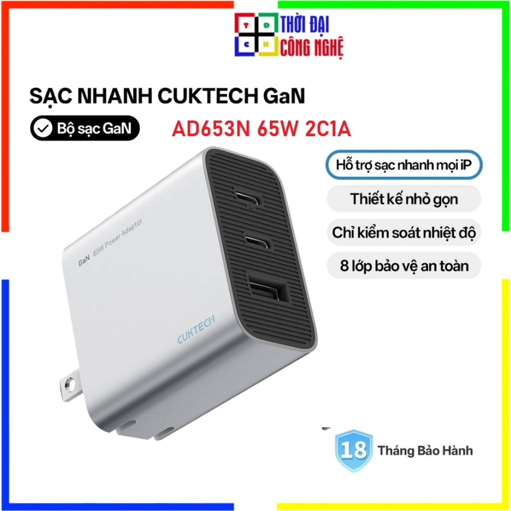 Củ Sạc Nhanh 65W Cuktech AD653N GaN - 3 Cổng 2C1A Chân Gập - Hàng Chính Hãng Bảo Hành 18 Tháng Thời 