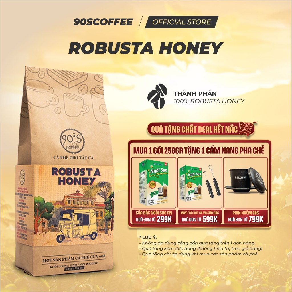 Cà Phê Robusta Honey Nguyên Chất Rang Mộc - Gu Ngọt Dịu Thơm Mùi Trái Cây | 90S COFFEE