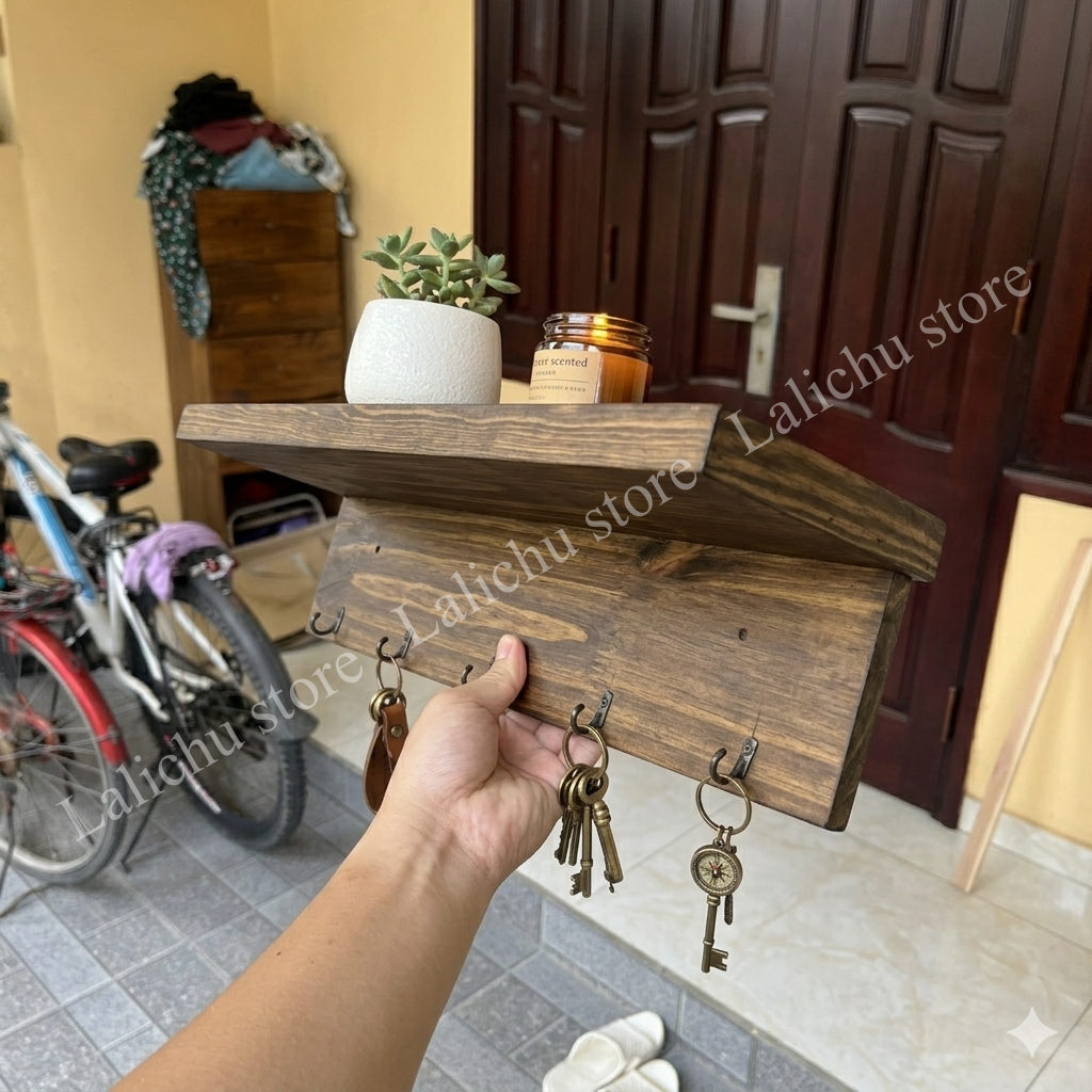 Kệ gỗ gắn tường có móc treo, kệ treo tường decor