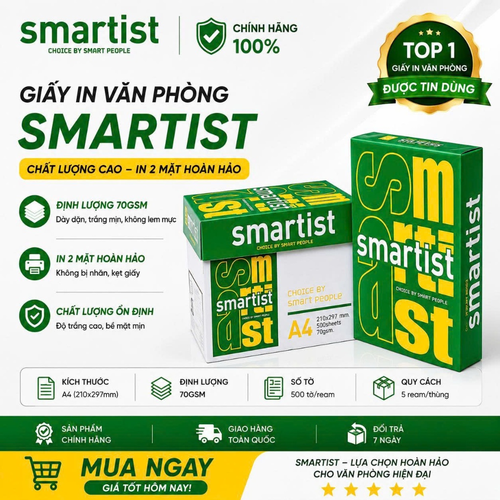Thùng 5 Ream Giấy A4 Smartist 70gsm - chính hãng, chất lượng cao, giấy in văn phòng