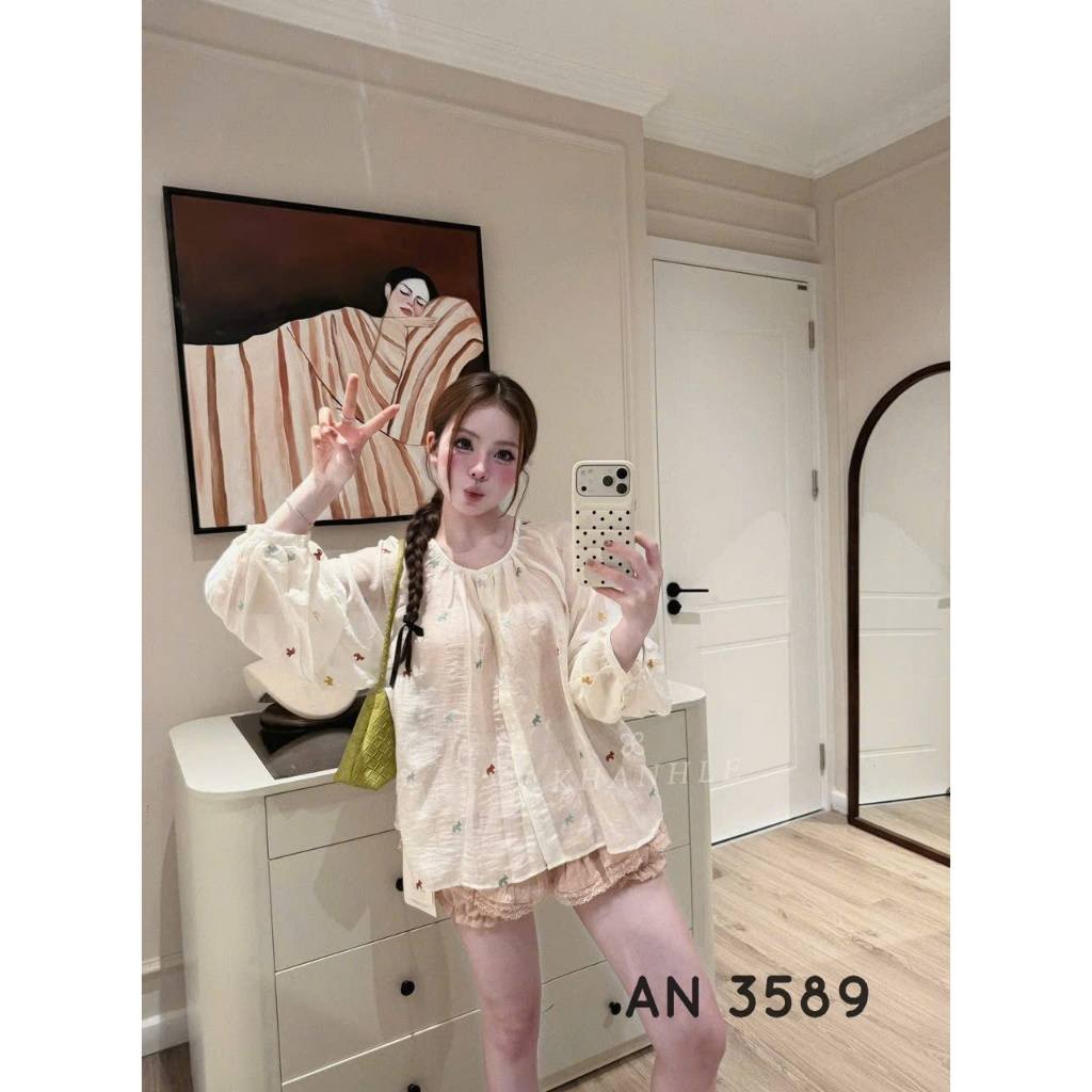 Áo Lụa Tay Bồng Thêu Ngựa Cổ Rút Dây #3589