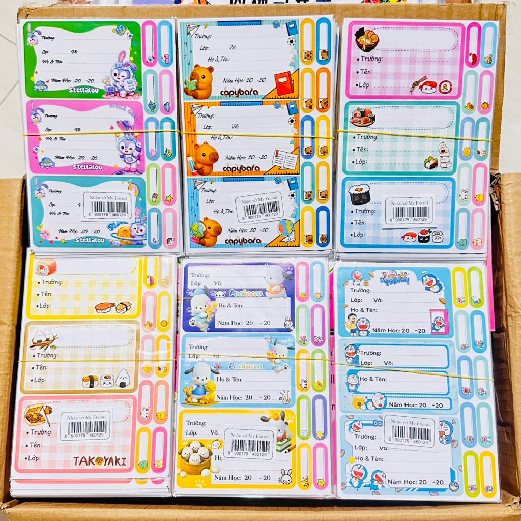 1 Hộp 50 set = 600 nhãn vở, 50 set = 400 nhãn vở decal bóc dán, nhãn vở to dòng viết tên rộng Capyba