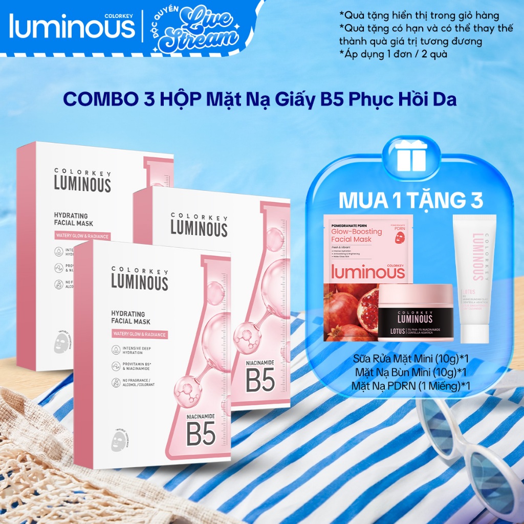 [LIVE] COMBO 3 Hộp Mặt Nạ Giấy COLORKEY LUMINOUS Vitamin B5 Cấp Ẩm Cho Da Mịn Màng 10 miếng/hộp