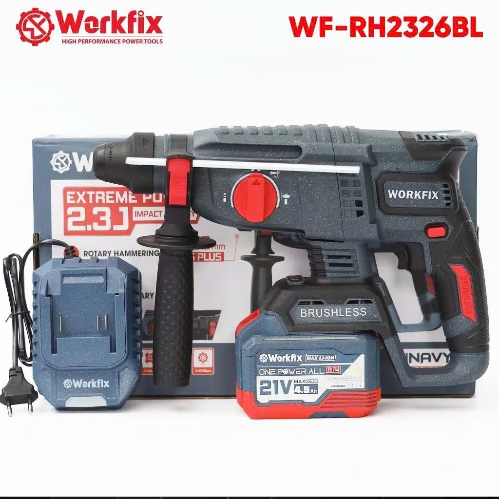 Khoan bê tông pin 3 chức năng WORKFIX WF-RH2326BL, Lực đập 2.3J, Đầu gài SDS PLUS 26mm, Không chổi t