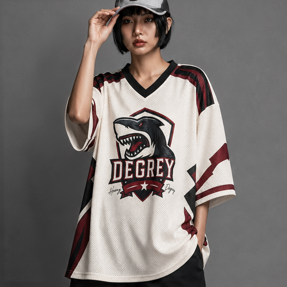 Áo thun thể thao màu kem Degrey Jersey SHARK 84 cổ tim - JERSHARK