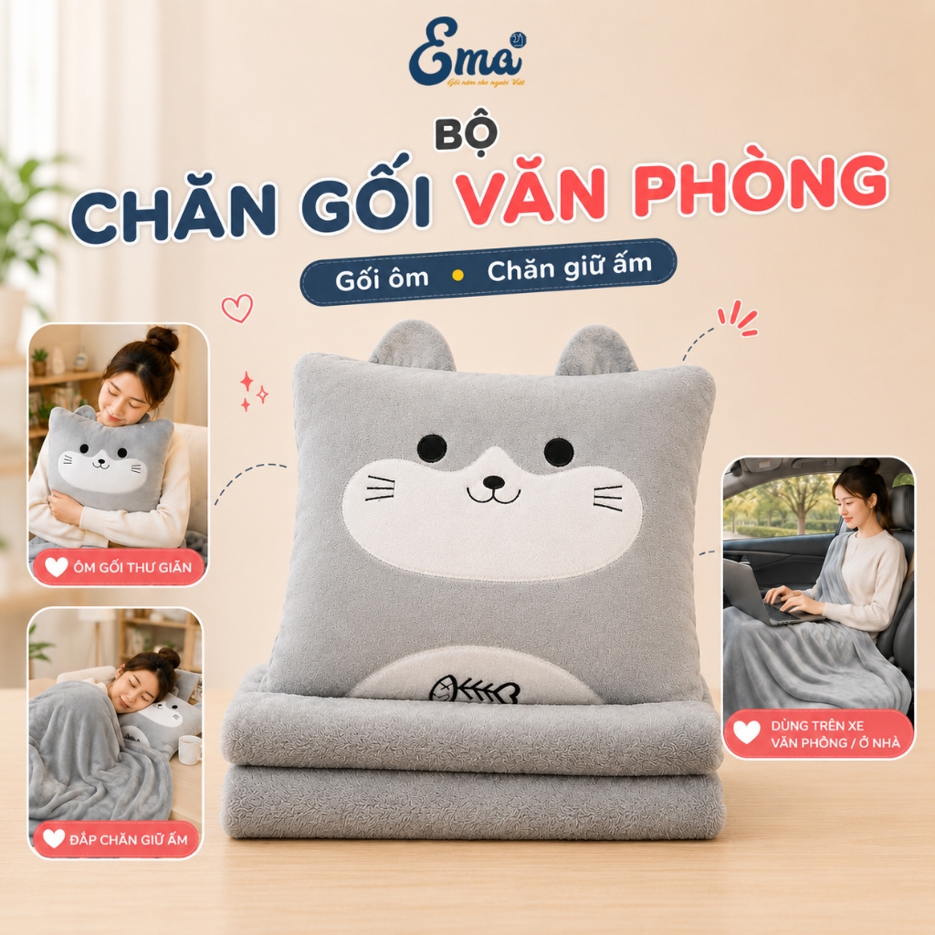 Bộ Chăn Gối Văn Phòng 2 Trong 1 EMA - Gối Mền Ngủ Trưa Hình Thú Nhung Mịn Có Luồn Tay Giữ Ấm Đa Năng