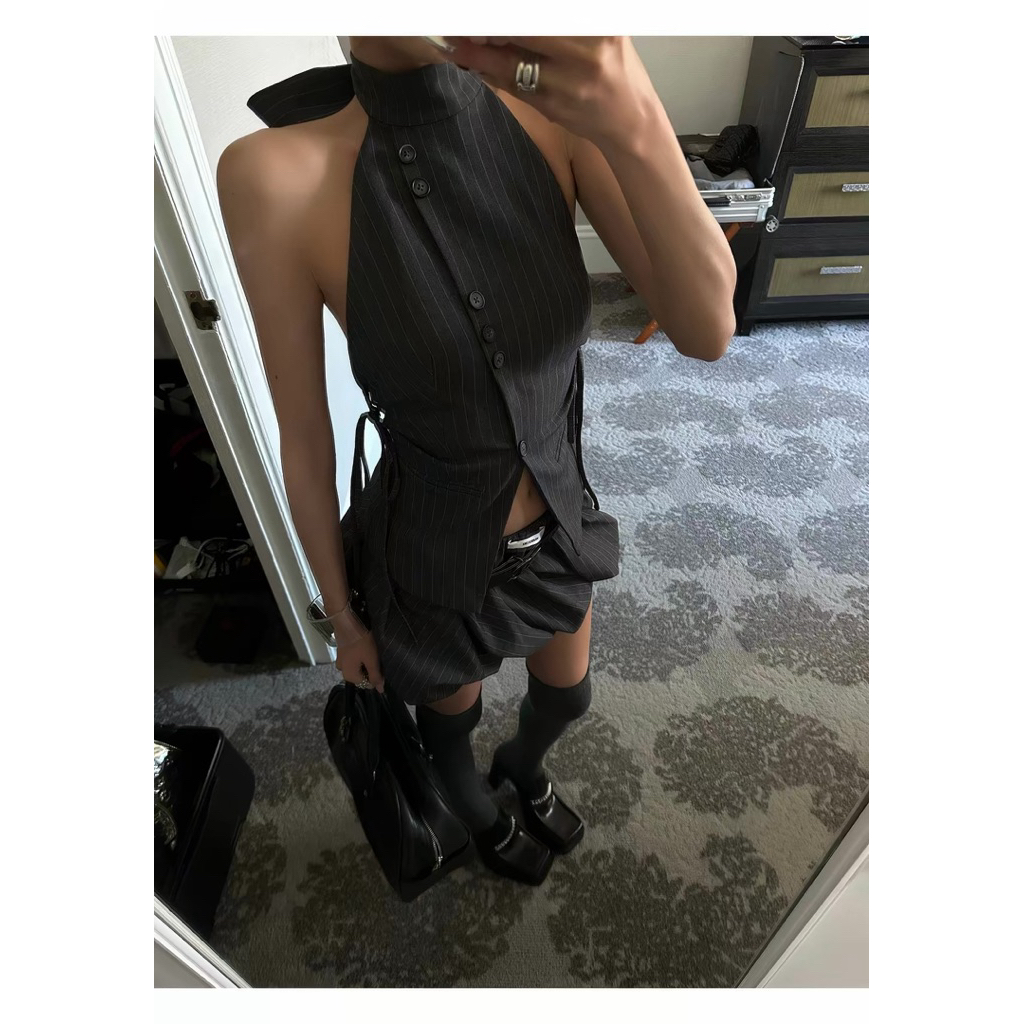 Set áo yếm sọc cut out kèm  váy bí TABISHOP Set đồ nữ cá tính cool girl lạ mắt(334) | BigBuy360 - bigbuy360.vn