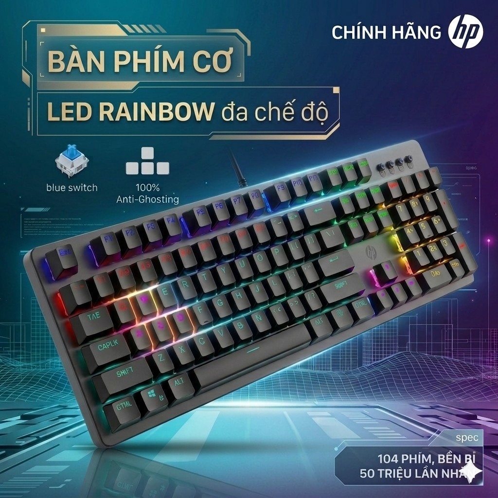 Bàn Phím Cơ Gaming có dây HP GK100F Chính Hãng - Blue Switch, Fullsize 104 Phím, Kết nối USB