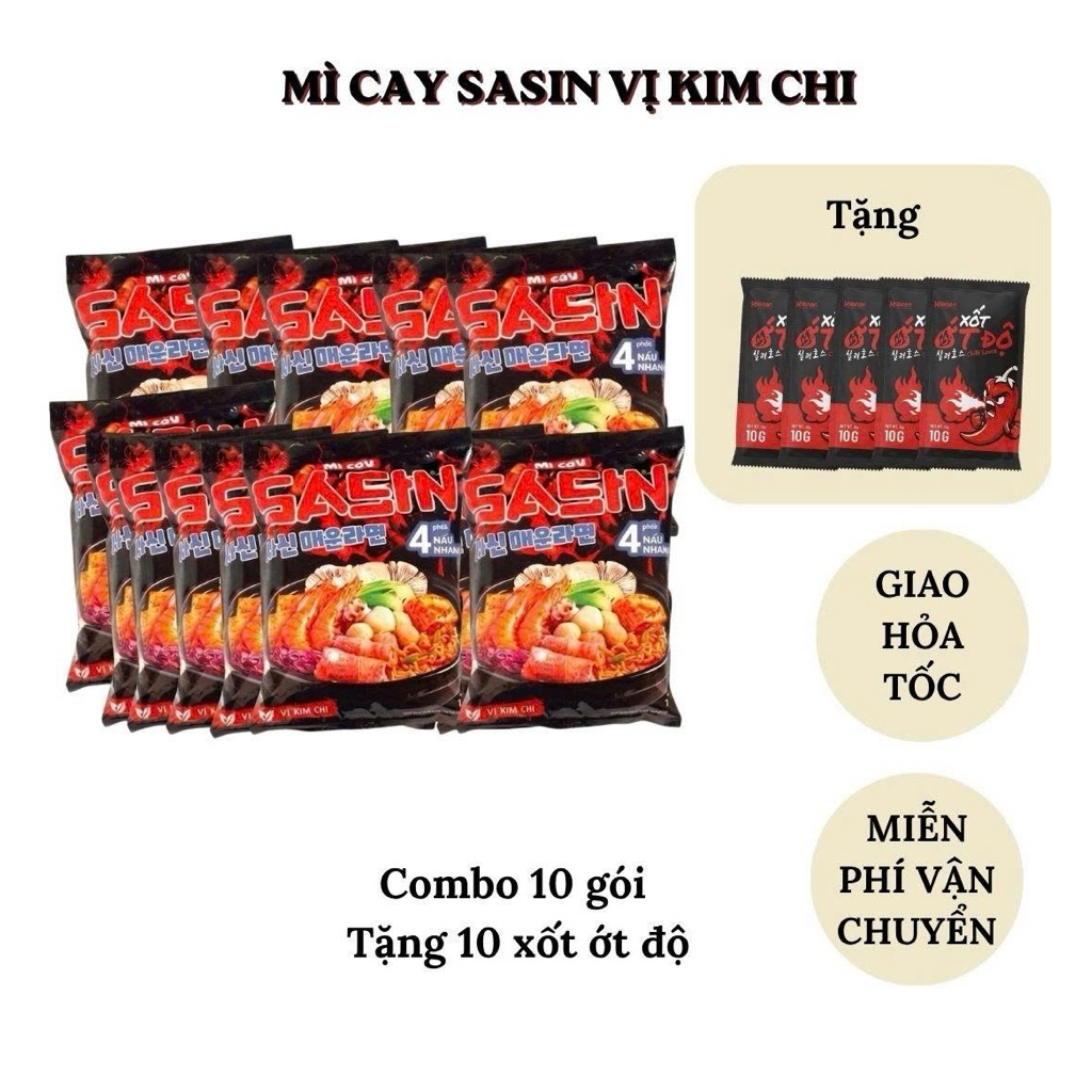[Combo 10] Mì Cay SASIN vị Kim Chi 120g - Tặng 10 gói xốt ớt độ _Chuẩn vị Sasin, ngon như ở quán