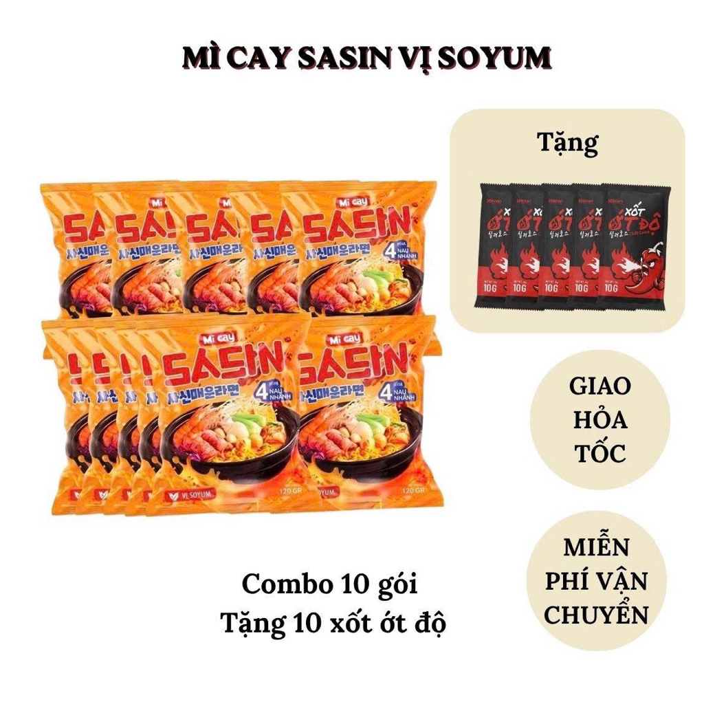 [Combo 10] Mì cay SASIN vị Soyum 145gr - Tặng 10 gói xốt ớt độ - Chuẩn vị Sasin