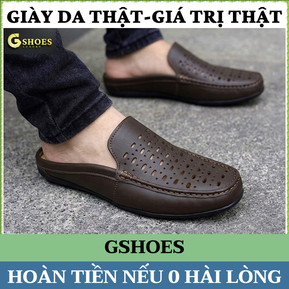 Giày sục nam da thật đục lỗ thoáng khí đế cao su êm chân GM302