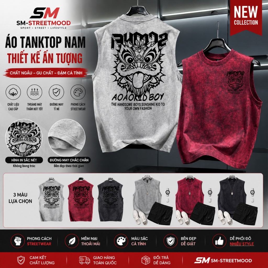 Áo Tanktop Nam Form Rộng In Hình Streetwear Phong Cách Hong Kong Hàn Quốc Hot Trend
