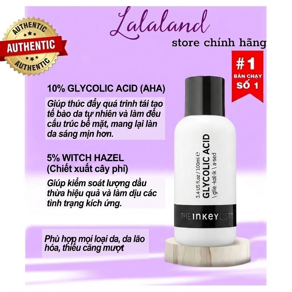 Nước hoa hồng kiềm dầu se khit lcl The INKEY List Glycolic Acid Liquid Toner 100ml