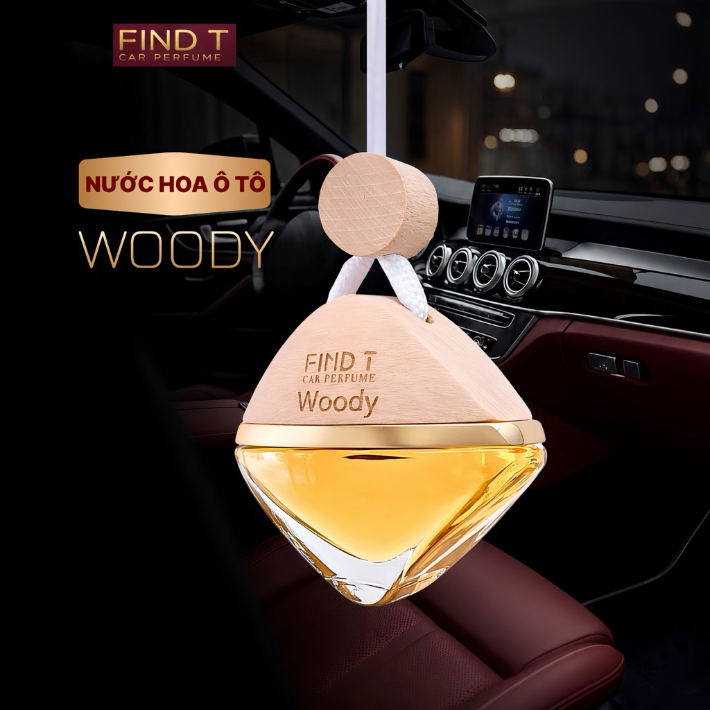 NƯỚC HOA Ô TÔ FIND T - WOODY ( treo xe ) Gỗ Hoàng Đàn - Trầm Hương - Cashmere - Tuyết Tùng
