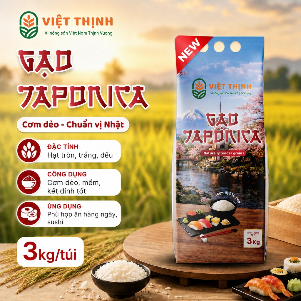 Gạo Nhật JAPONICA - 3KG - Dẻo Cơm - GẠO VIỆT THỊNH