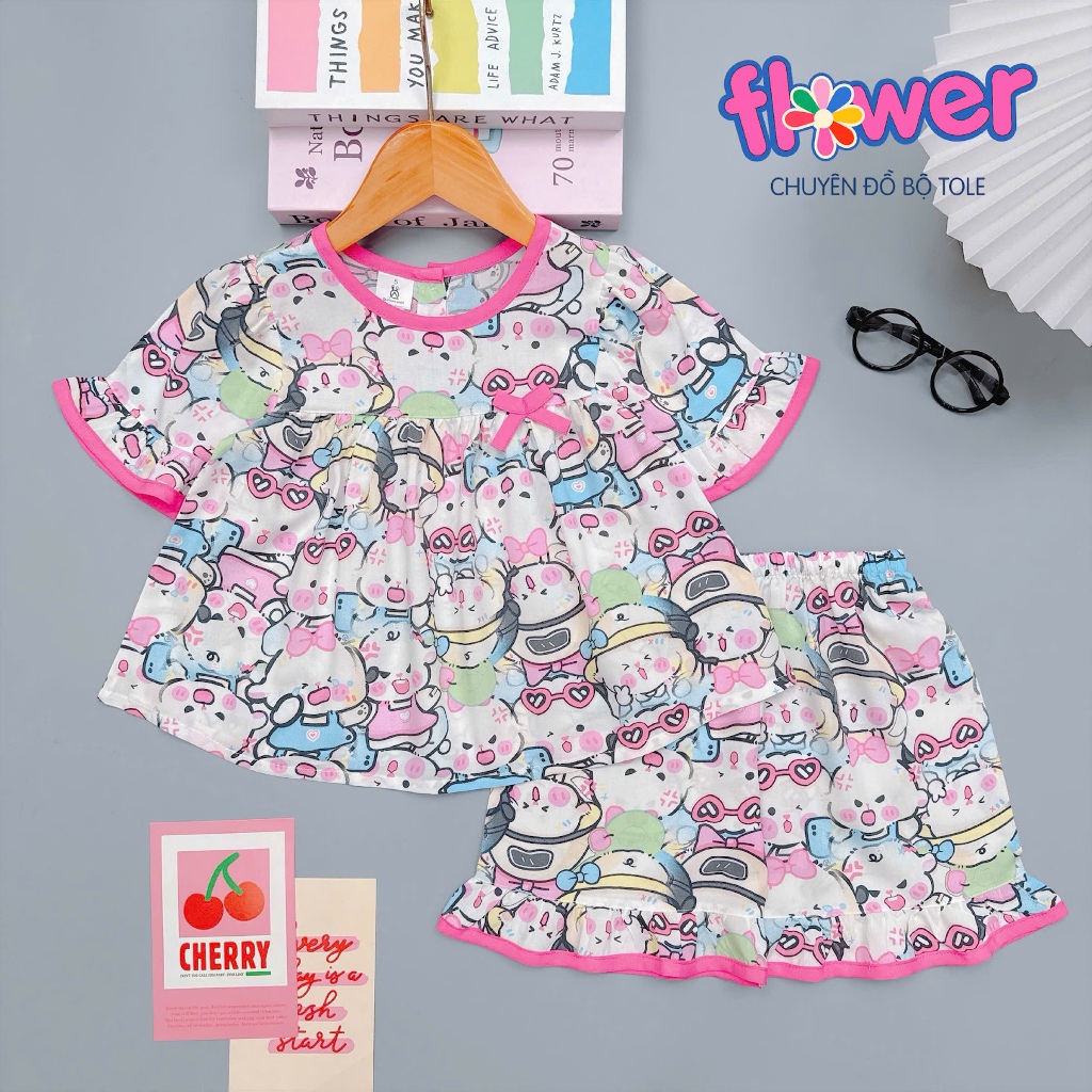 Bộ tole lanh bé gái tay ngắn quần ngắn babydoll 1 nơ - Đồ bộ tole Flower