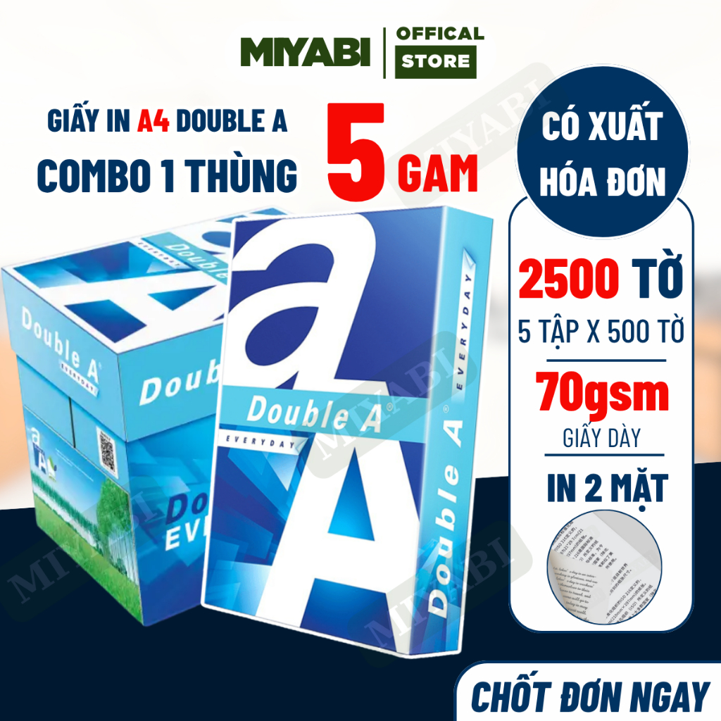 Giấy in a4 Double A 70gsm thùng 5 ram 2500 tờ giấy photo in 2 mặt mượt,giấy a4 photo - MIYABI