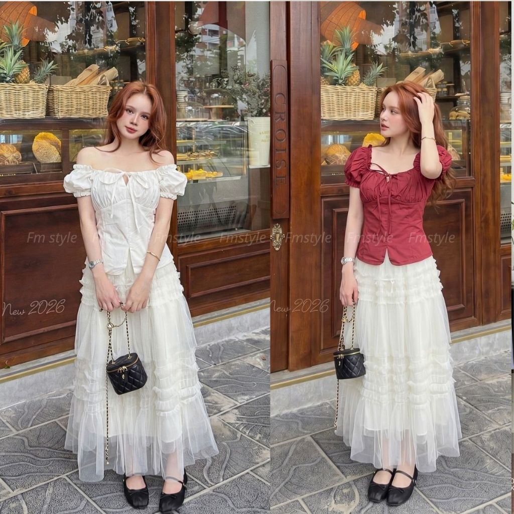 Áo Kiểu Nữ FMSTYLE Cổ Trễ Vai Tay Phồng Nhún Ngực – Dễ Thương, Thanh Lịch 26050125