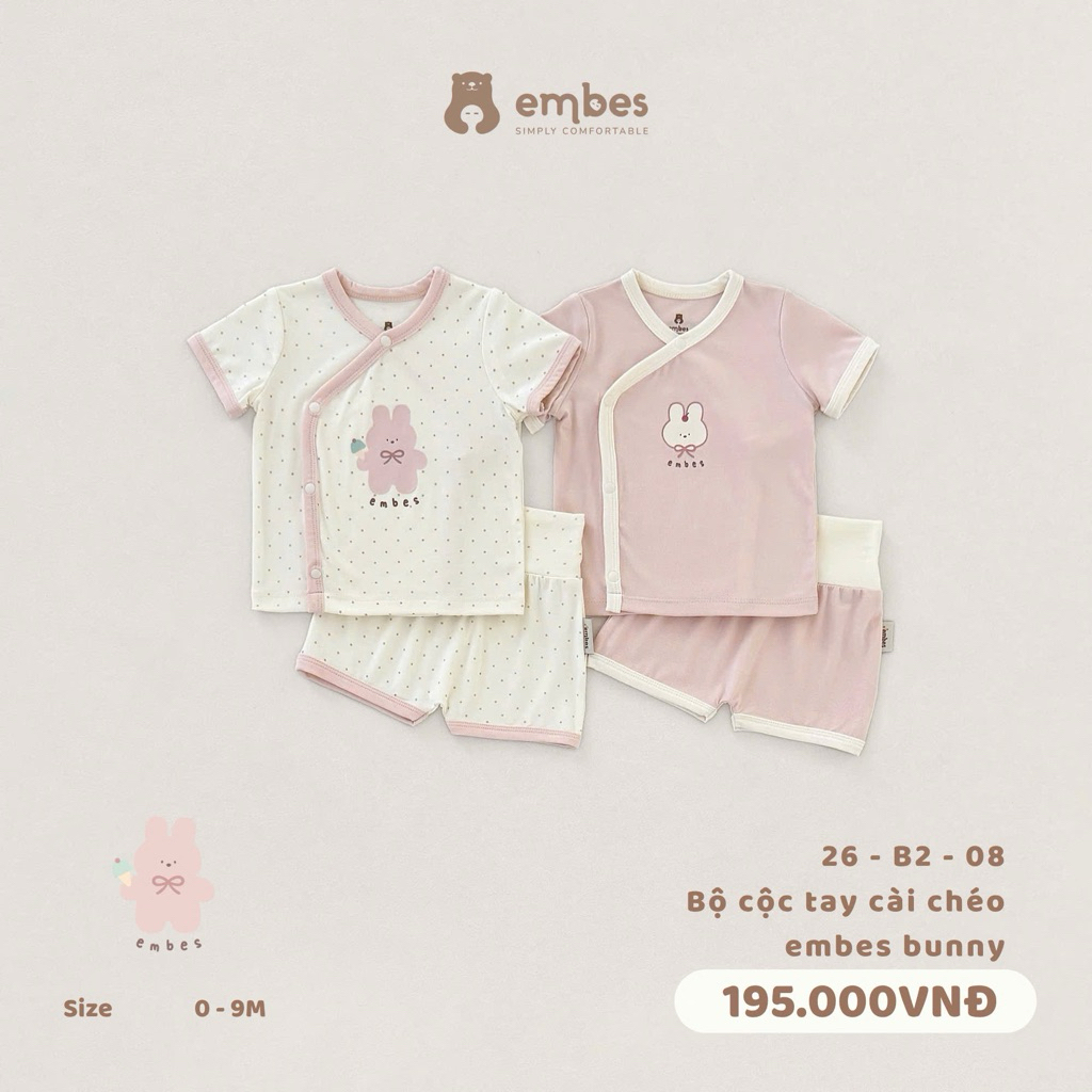 [EMBES] Bộ Bé Gái Sơ Sinh Embes, Bộ Cộc Tay Cài Chéo In Họa Tiết Chất Mềm Mại Cho Bé Gái Size Từ 0-9