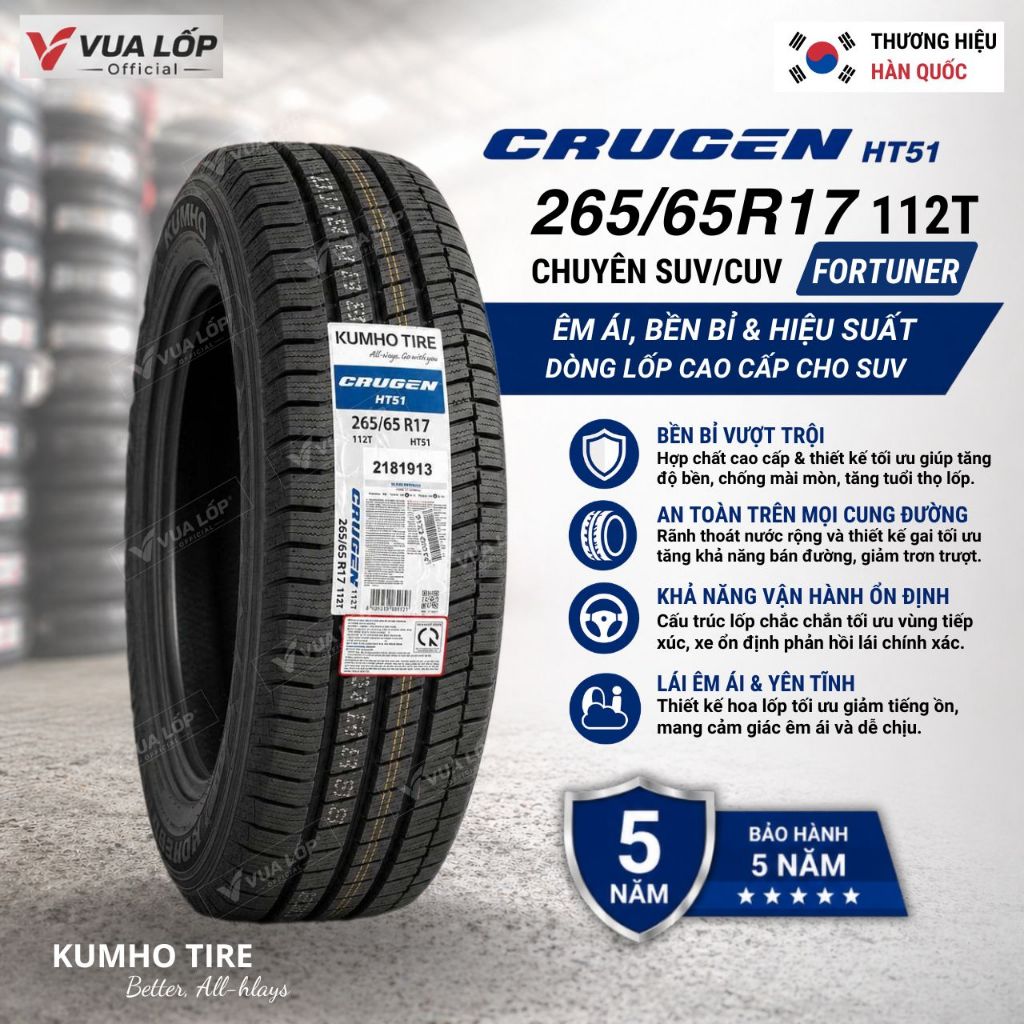 Lốp KUMHO 265/65R17 112T HT51 - Lốp xe Fortuner Lốp mới Giá tốt nhất (Bảo hành 5 năm)