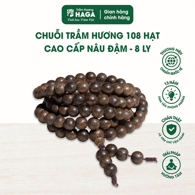 Vòng tay trầm hương chuỗi tràng 108 hạt HAGA cao cấp nâu đậm, thơm rõ hương trầm, màu sắc sang trọng - 108 hạt 6ly