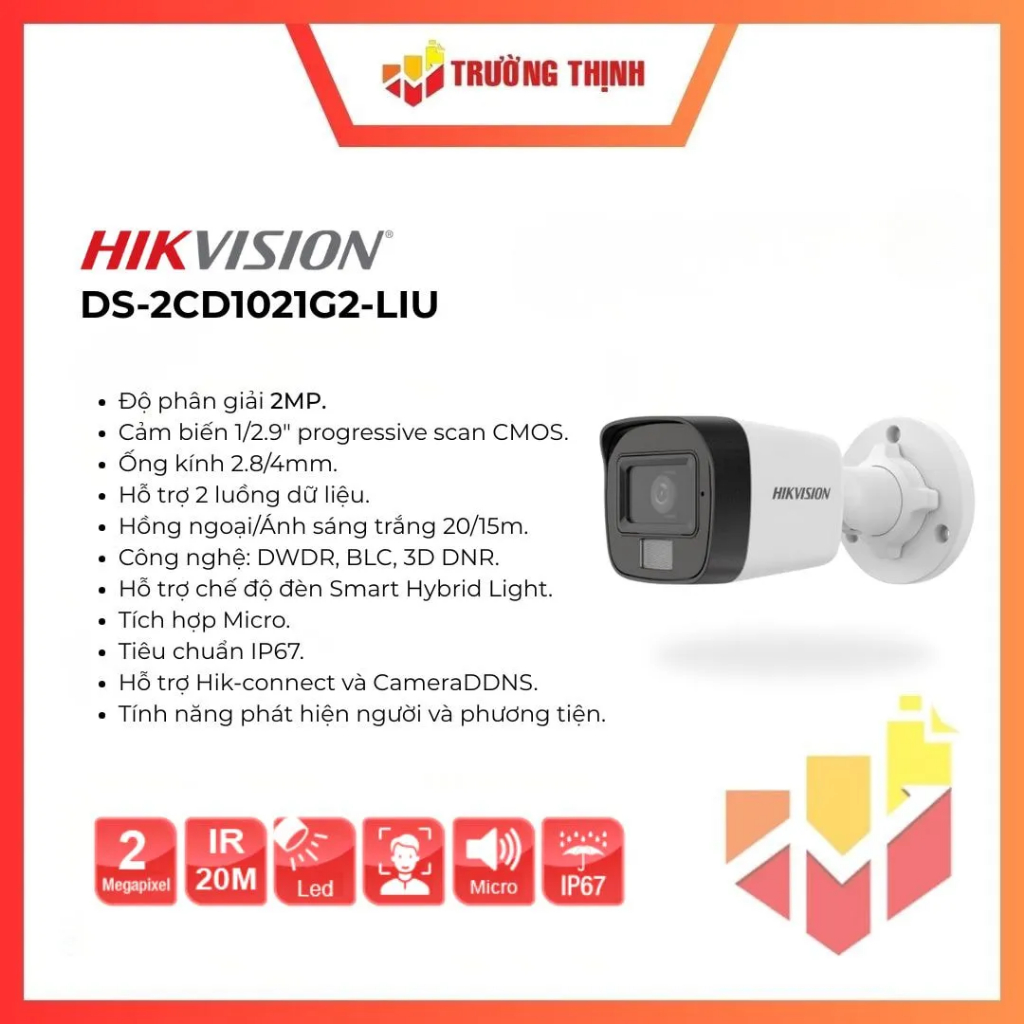 Camera ngoài trời Hikvision DS-2CD1021G2-LIU |  Hồng ngoại + ánh sáng trắng 20m | Chuẩn IP 67 | 2MP