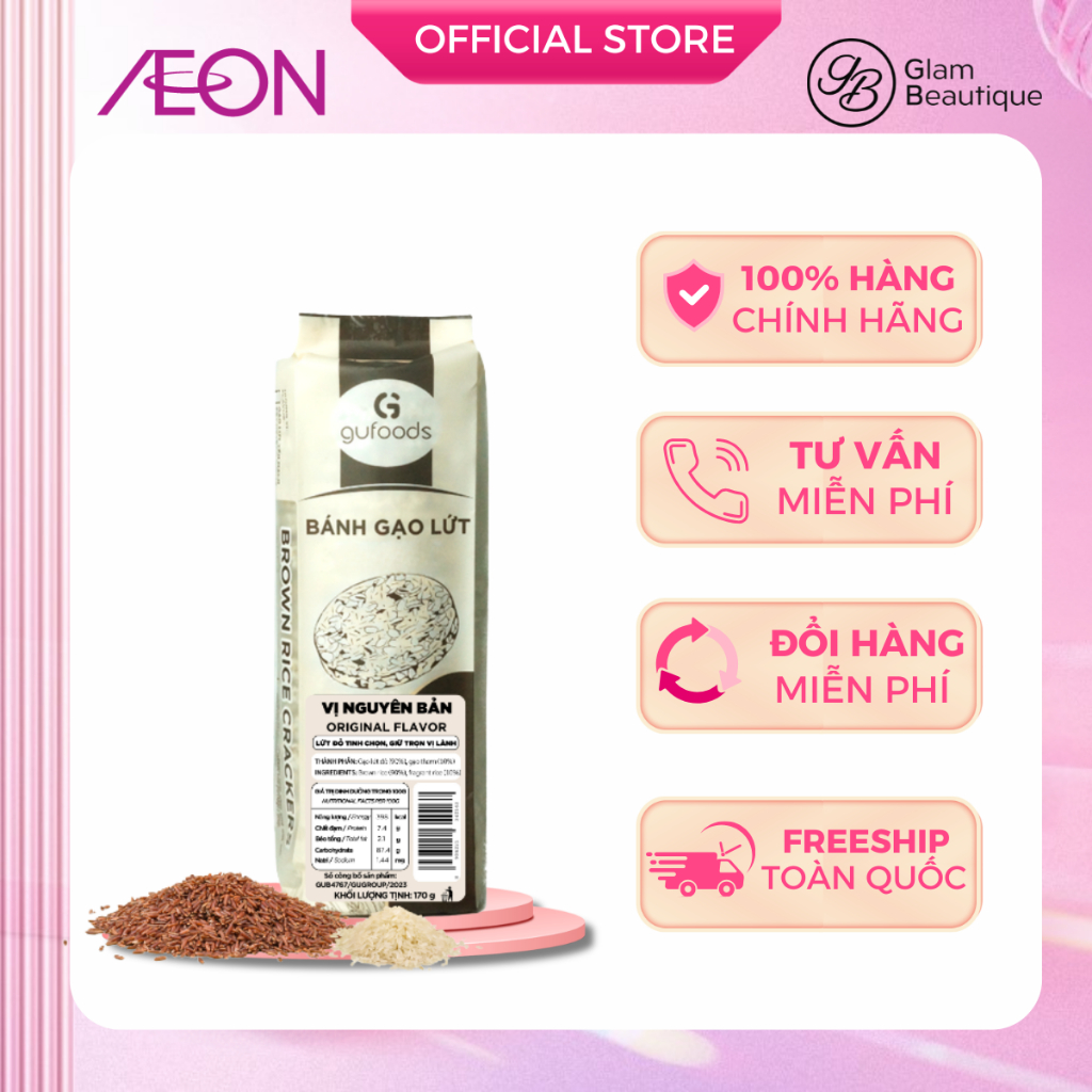 Bánh gạo lứt ăn kiêng GUFOODS (Vị Cỏ ngọt / Yến mạch / Nguyên bản) 170g | Glam Beautique
