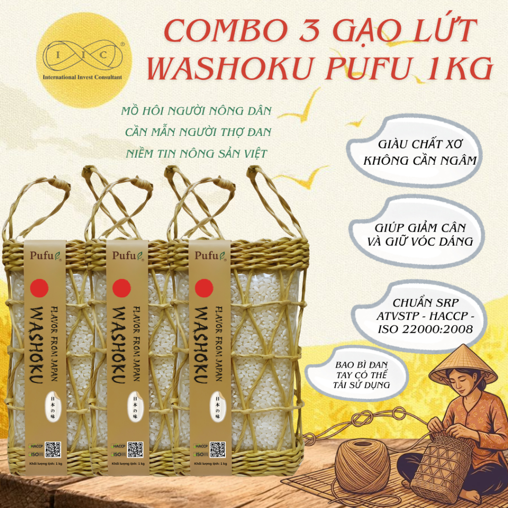 Combo 3 Gạo Washoku Pufu 1kg - Gạo Nhật Chuẩn Vị, Dẻo Thơm Mỗi Bữa - Chuẩn ESG