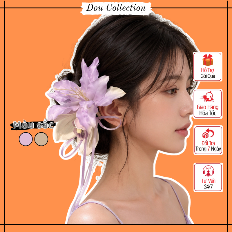 Kẹp Tóc Hoa Ly Unisex Phối Dây Voan Dịu Dàng Phong Cách Tiểu Thư - Dùng Đi Biển – Chụp Ảnh - Mã KT12